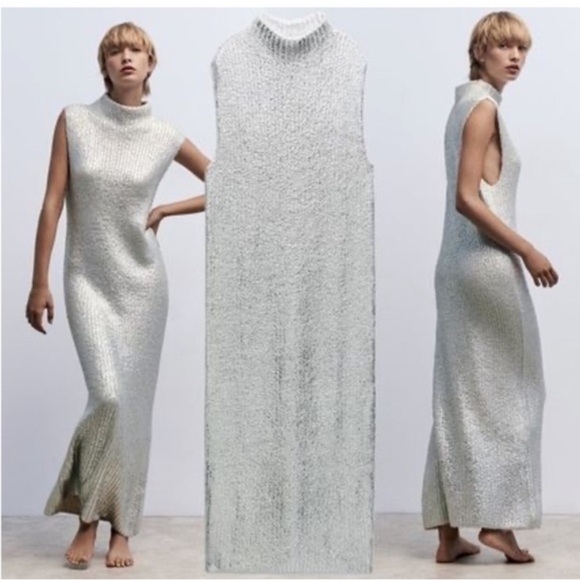 Zara Dresses & Skirts - Zara Cracked Metallic Knit Maxi Dress Womens Size Medium